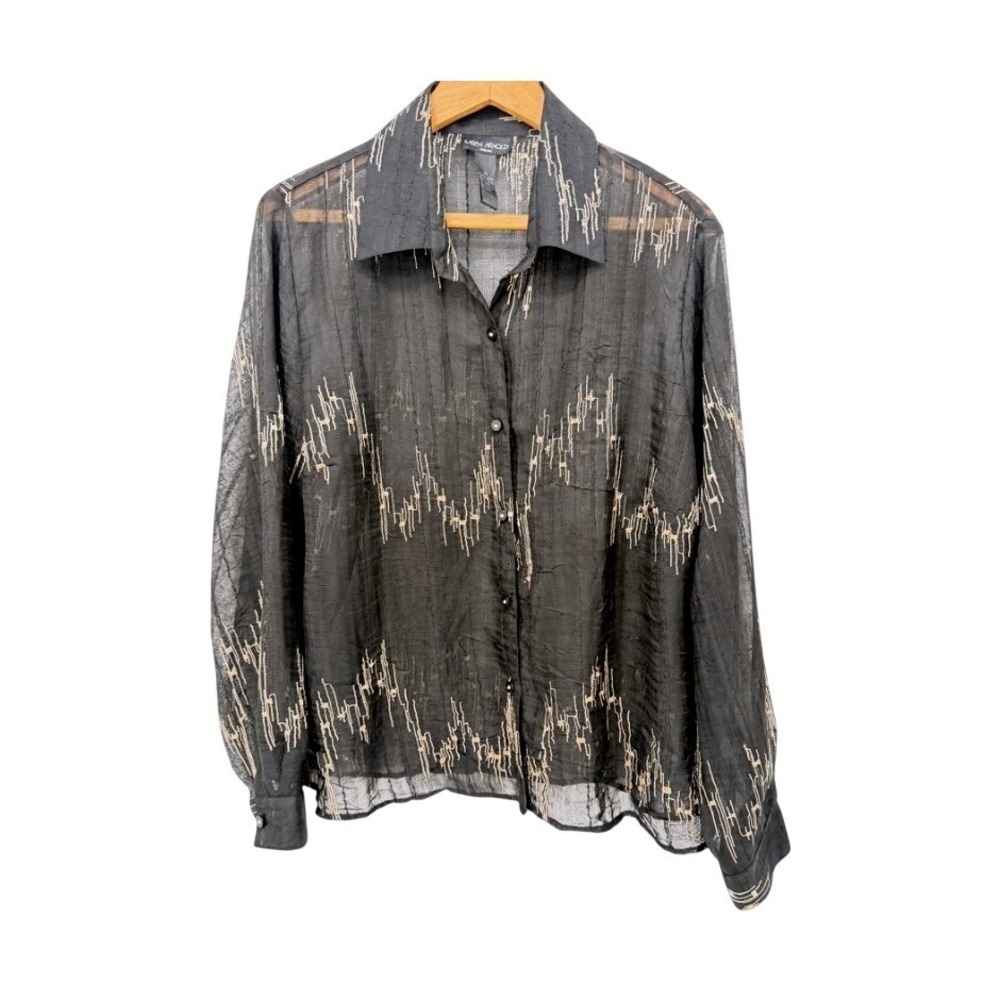 Karen Arnold Sheer Embroidered Button Down Blouse Artsy Airy Black Plus‎ Size 1X